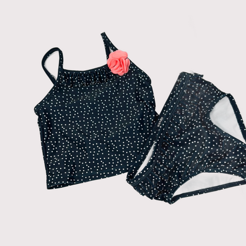 Midnight Polka-Dot Asymmetrical Tankini with Rose Accent