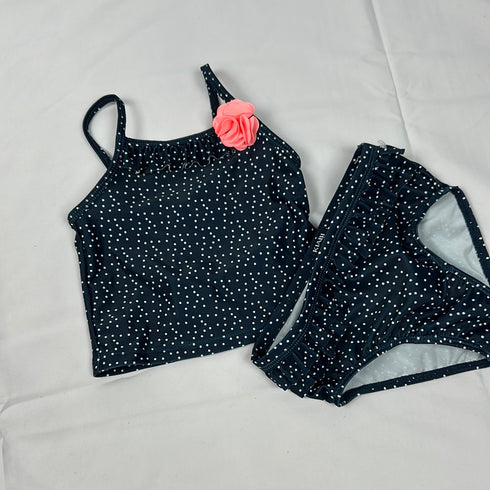 Midnight Polka-Dot Asymmetrical Tankini with Rose Accent