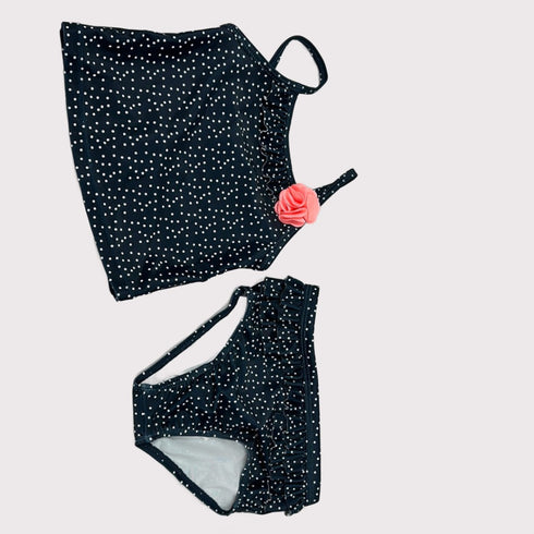 Midnight Polka-Dot Asymmetrical Tankini with Rose Accent