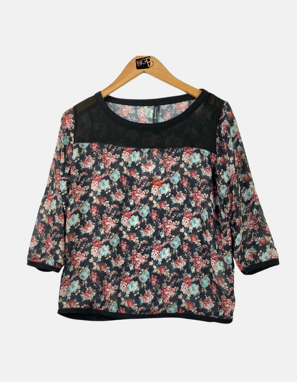 Women's Floral Print Blouse with Sheer Black Panel