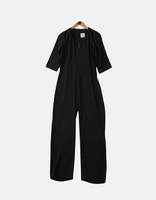 Women's Classic Black Jumpsuit with V-Neckline and 3/4 Sleeves