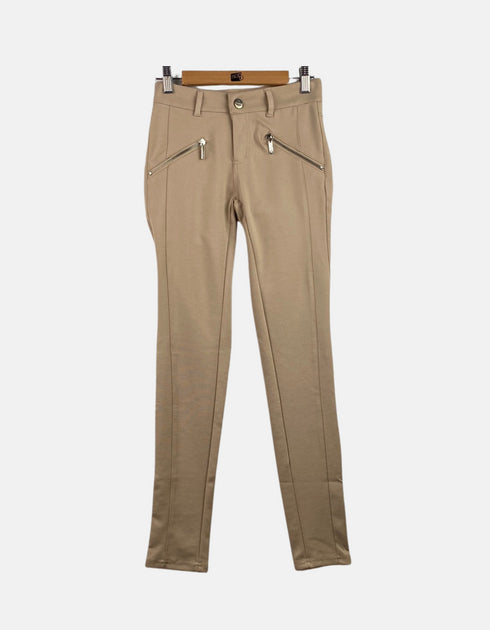 Beige High-Waist Slim-Fit Pants with Zipper Detail