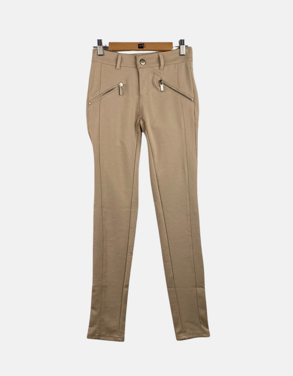 Beige High-Waist Slim-Fit Pants with Zipper Detail