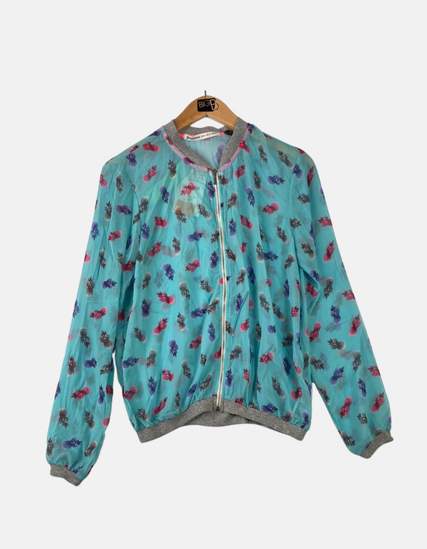 Women's Teal Feather Print Zip-Up Jacket