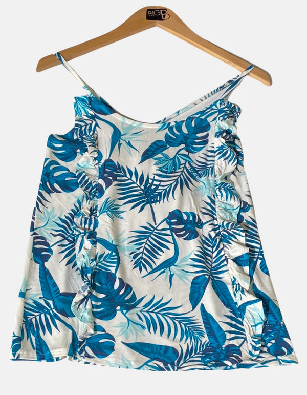Tropical Blue Leaf Print Sleeveless Dress