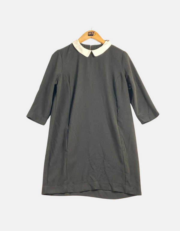 Classic Grey Dress with White Contrast Collar and 3/4 Sleeves