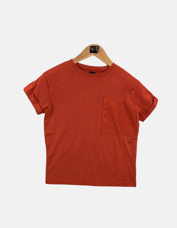 Casual Rust Red Pocket T-Shirt with Rolled Sleeves
