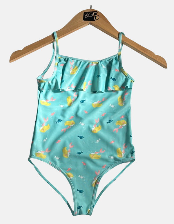 Girls' Ruffled Green One-Piece Swimsuit with Fish Print