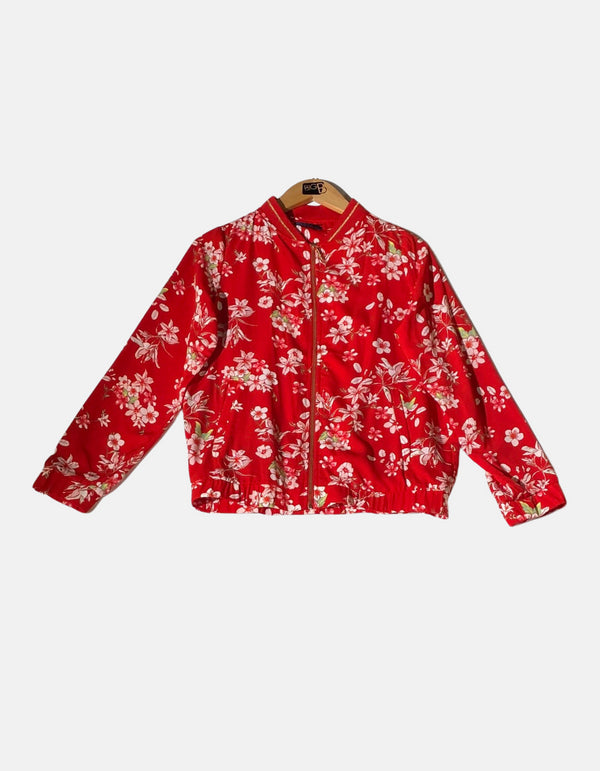 Floral Red Zip-Up Bomber Jacket