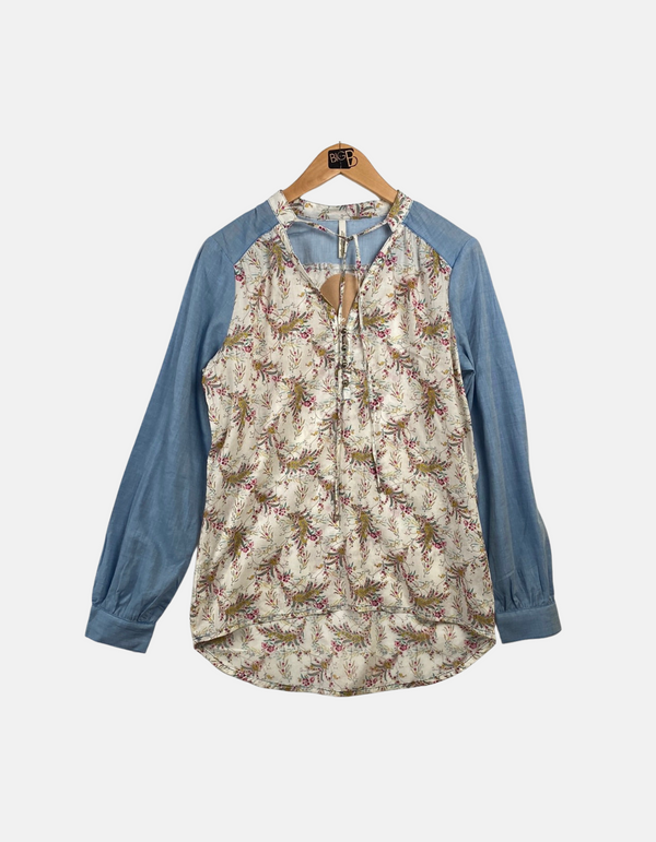 Floral Print Blouse with Chambray Sleeves and Keyhole Tie