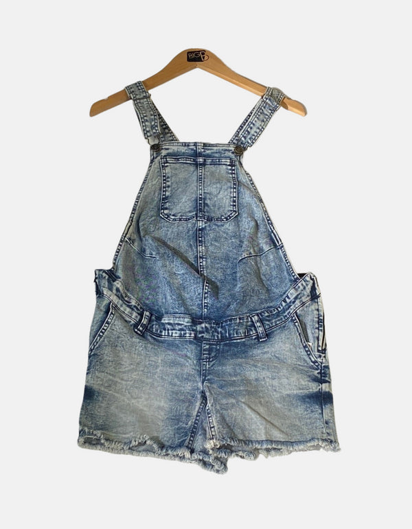 Distressed Denim Overall Shorts with Frayed Hem