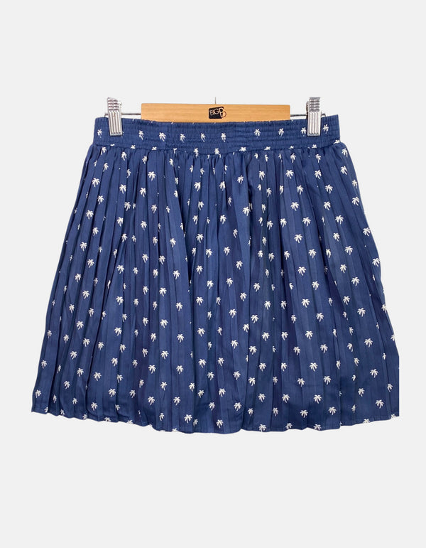 Navy Blue Pleated Skirt with Palm Tree Print