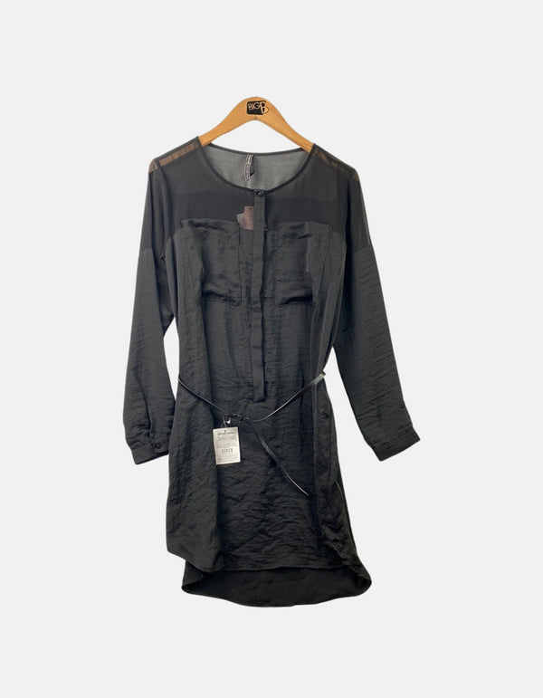 Sheer Long-Sleeve Belted Shirt Dress