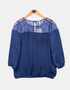 Navy Blue Lace Yoke Blouse with 3/4 Sleeves