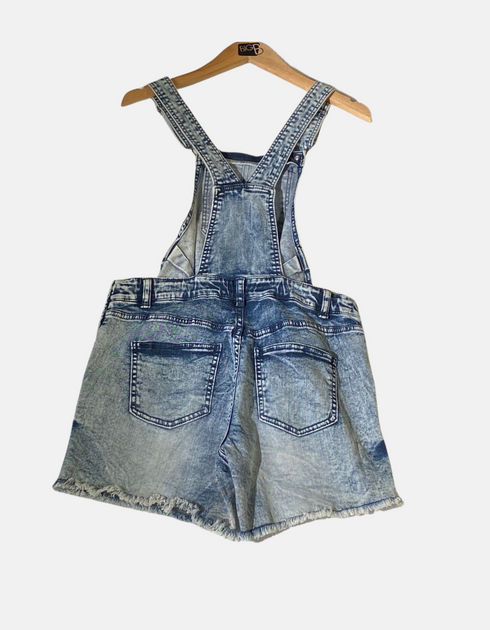 Distressed Denim Overall Shorts with Frayed Hem