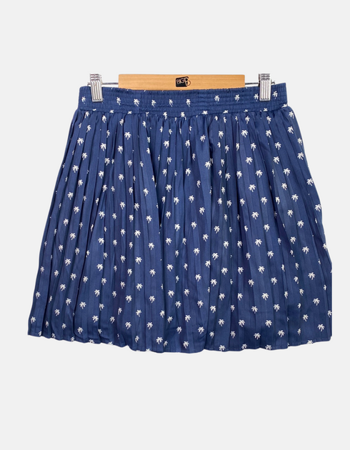 Navy Blue Pleated Skirt with Palm Tree Print