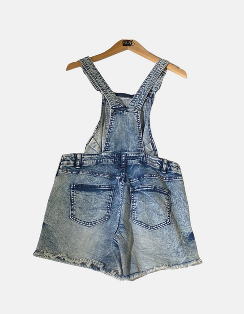 Distressed Denim Overall Shorts with Raw Hem