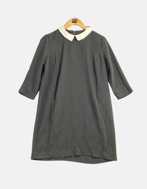 Classic Grey Dress with White Contrast Collar and 3/4 Sleeves