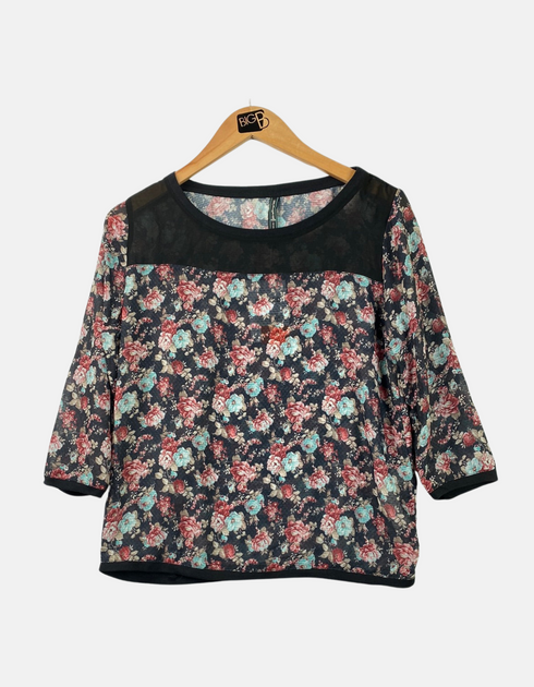 Women's Floral Print Blouse with Sheer Black Panel