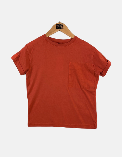 Casual Rust Red Pocket T-Shirt with Rolled Sleeves
