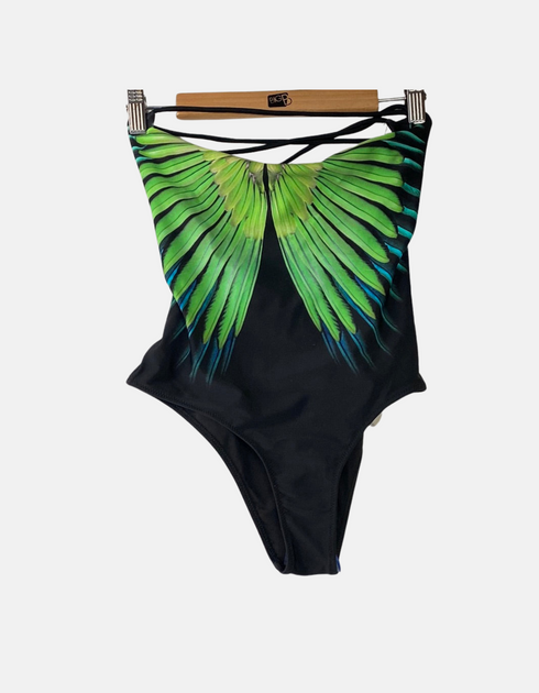 Women's Black One-Piece Swimsuit with Vibrant Green Wing Print
