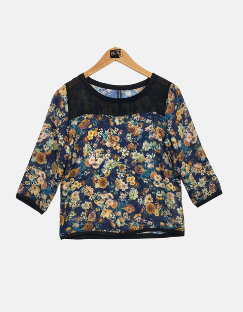 Navy Floral Print Blouse with Sheer Panel