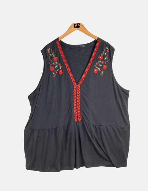Sleeveless Navy Tunic with Embroidered Floral Detail