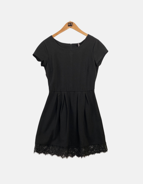 Women's Black Cap-Sleeve Dress with Lace Hem