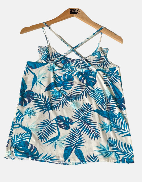 Tropical Blue Leaf Print Sleeveless Dress