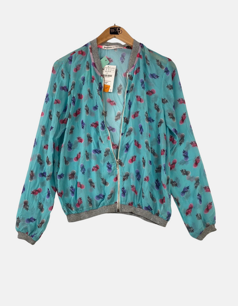 Women's Teal Feather Print Zip-Up Jacket