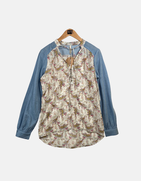 Floral Print Blouse with Chambray Sleeves and Keyhole Tie