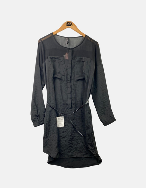 Sheer Long-Sleeve Belted Shirt Dress