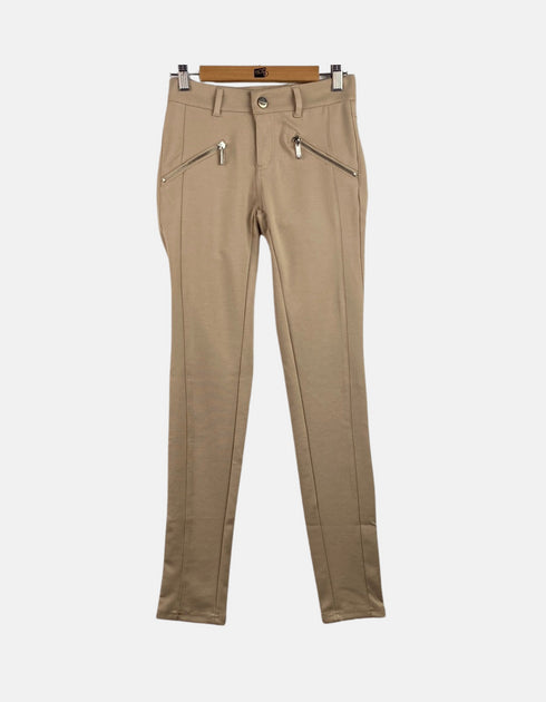 Beige High-Waist Slim-Fit Pants with Zipper Detail