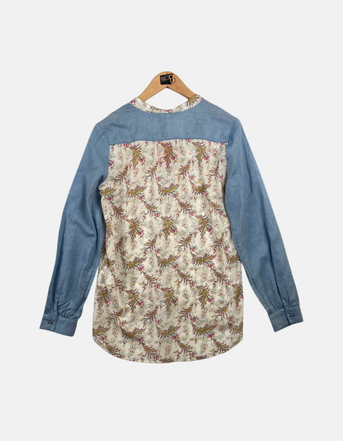 Floral Print Blouse with Chambray Sleeves and Keyhole Tie