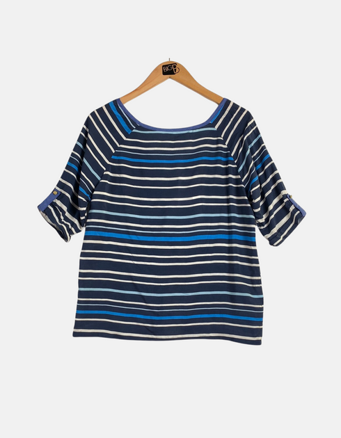 Navy and Blue Striped Button-Down Top