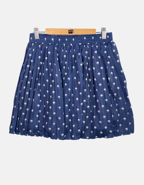 Navy Blue Pleated Skirt with Palm Tree Print