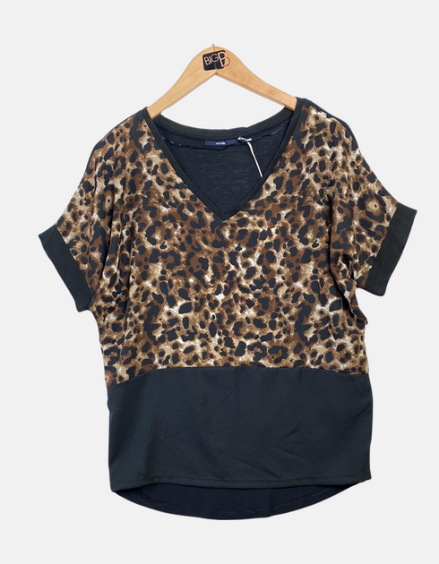 Leopard Print V-Neck Top with Black Contrast Hem