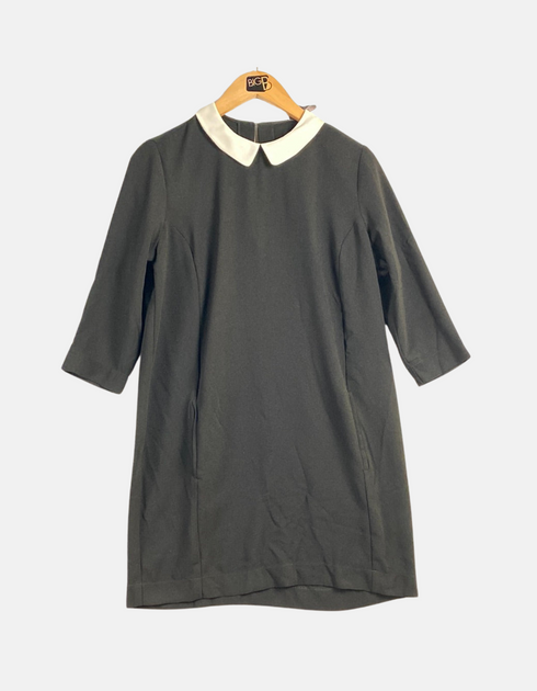 Classic Grey Dress with White Contrast Collar and 3/4 Sleeves