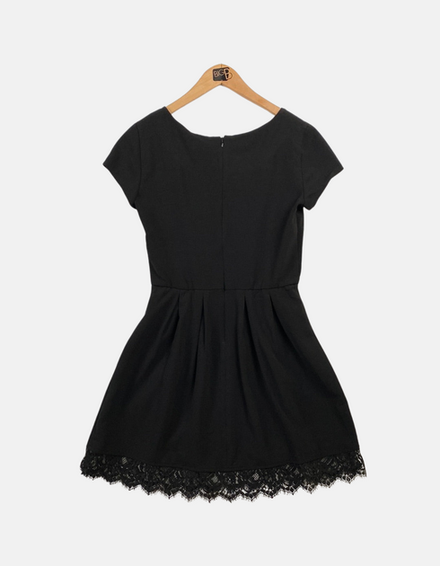 Women's Black Cap-Sleeve Dress with Lace Hem