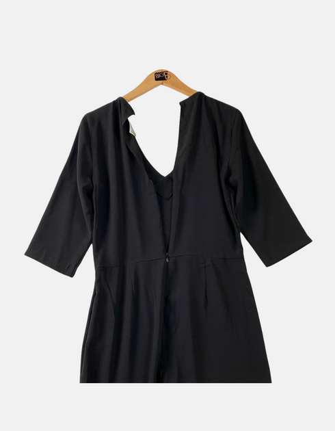 Women's Classic Black Jumpsuit with V-Neckline and 3/4 Sleeves