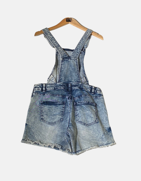 Distressed Denim Overall Shorts with Frayed Hem