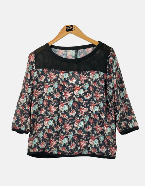 Women's Floral Print Blouse with Sheer Black Panel