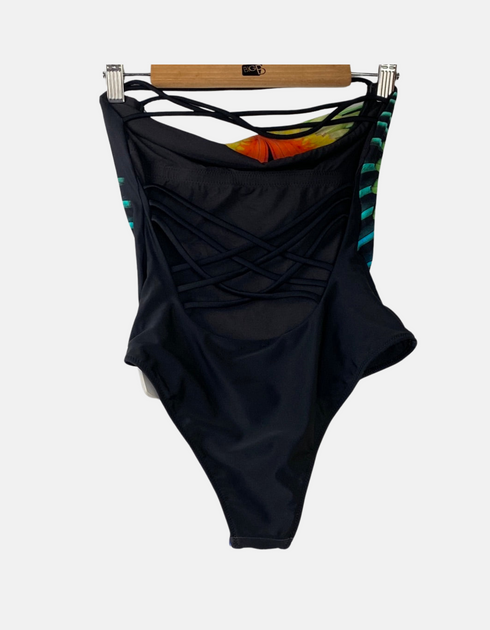 Women's Black One-Piece Swimsuit with Vibrant Green Wing Print