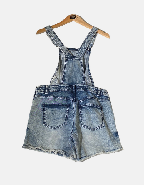 Distressed Denim Overall Shorts with Raw Hem