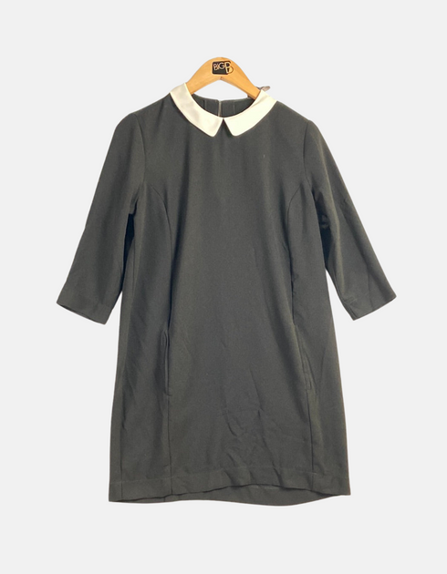 Classic Grey Dress with White Contrast Collar and 3/4 Sleeves