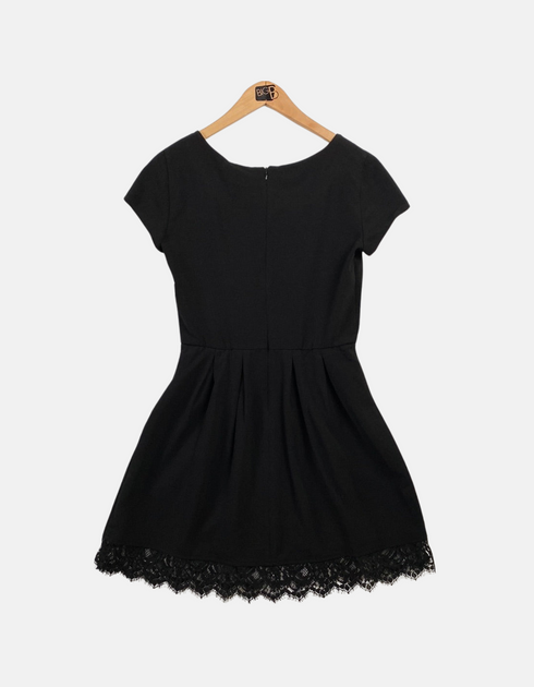 Women's Black Cap-Sleeve Dress with Lace Hem