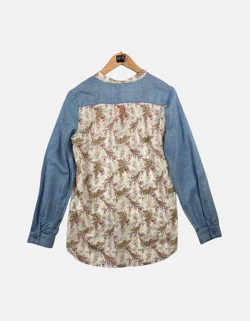 Floral Print Blouse with Chambray Sleeves and Keyhole Tie