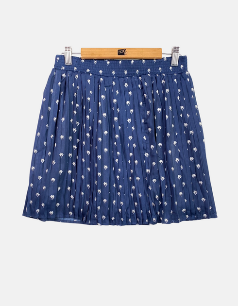 Navy Blue Pleated Skirt with Palm Tree Print