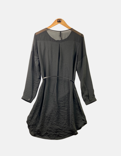 Sheer Long-Sleeve Belted Shirt Dress