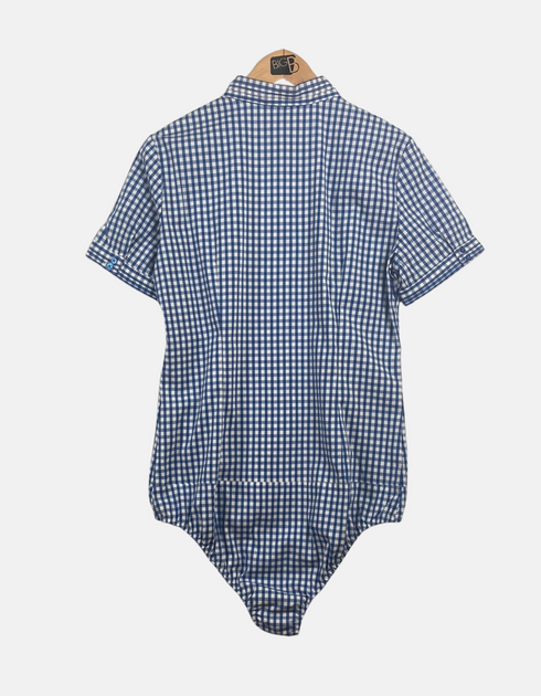 Blue Gingham Short-Sleeve Button-Up Bodysuit